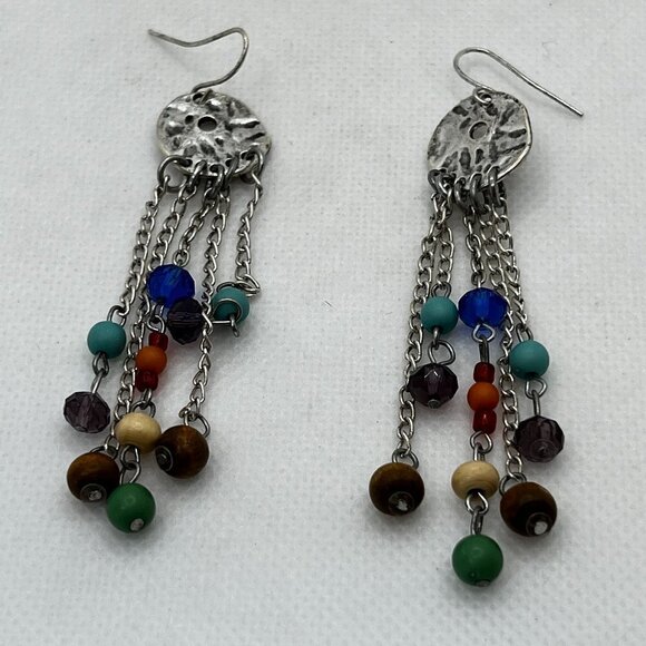 Silver Multi Color Bead Dangle Earrings - Picture 1 of 5